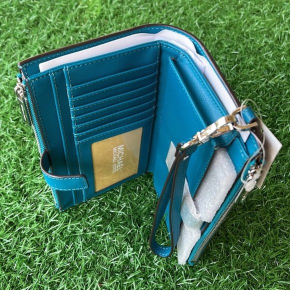 Michael Kors Large Double Zip Leather Wallet Wristlet Phone Case Lagoon - Picture 8 of 16
